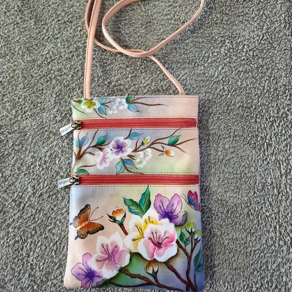 Anuschka Hand Painted Leather Mini Travel Crossbody Bag - Japanese Garden - Picture 1 of 5